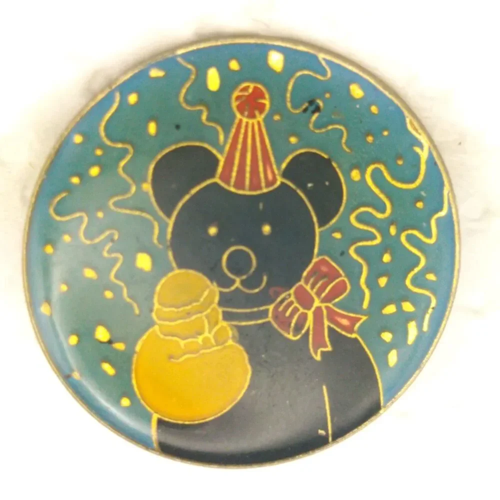 Vintage Enamel Birthday Party Bear Pin - Black Teddy Bear with Party Hat & Bow